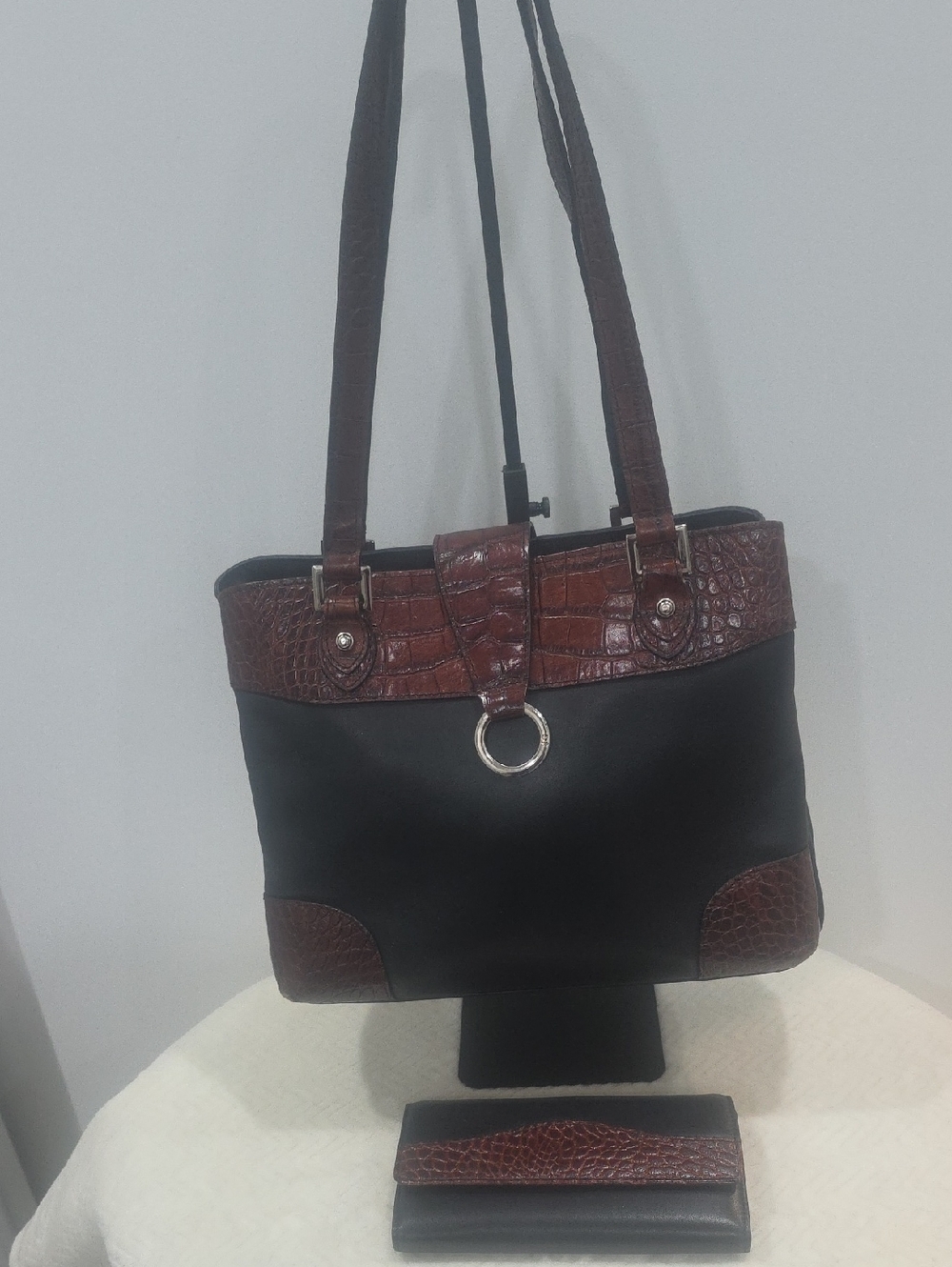 Jack Georges Venezia Veronica Two-Tone Black and  Brown Tote Leather Handbag